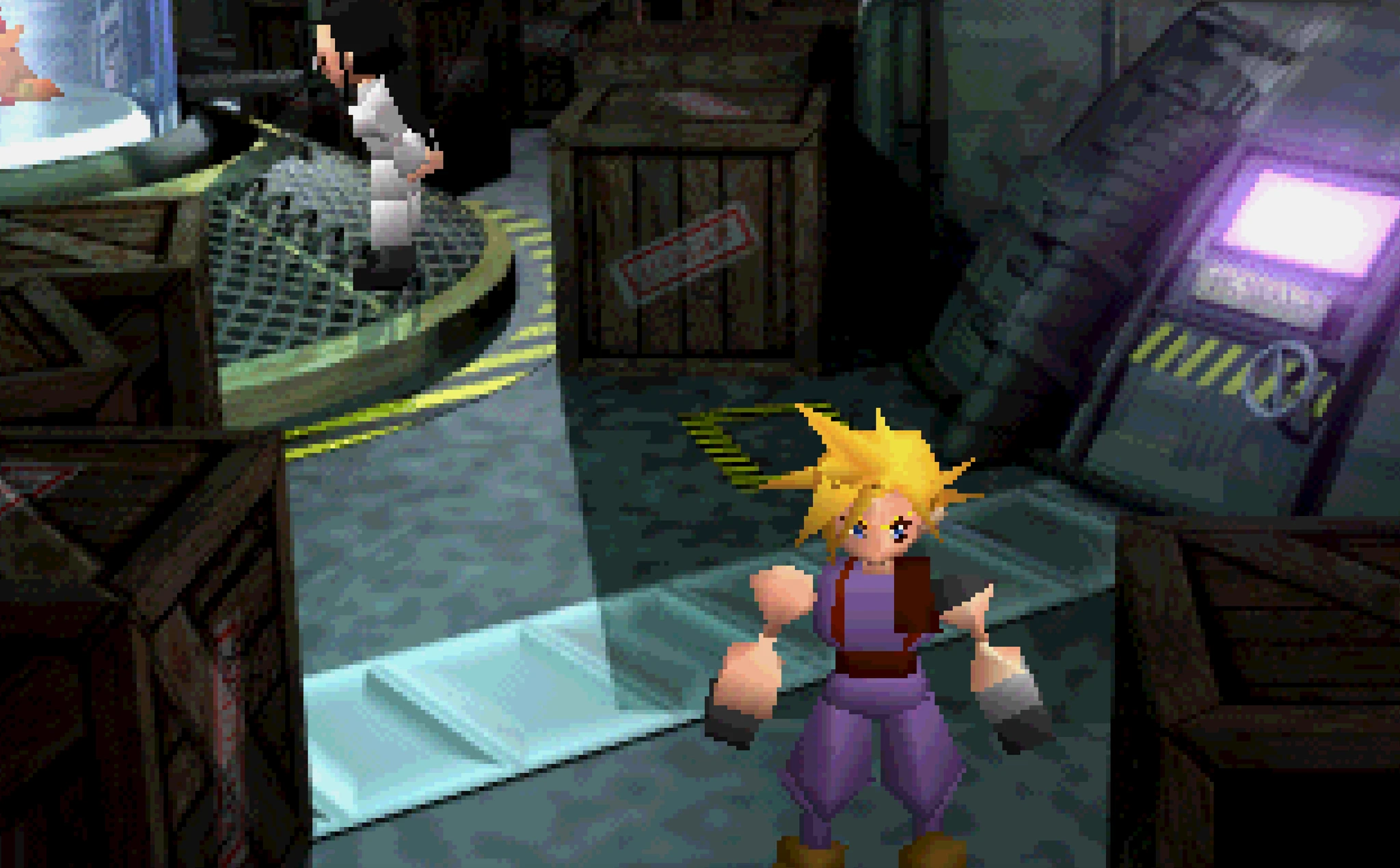 Spelet Final Fantasy VII på Playstation: den blonda karaktären Cloud i lila kläder står bland trälådor i en industriell miljö med en lysande skärm i bakgrunden.