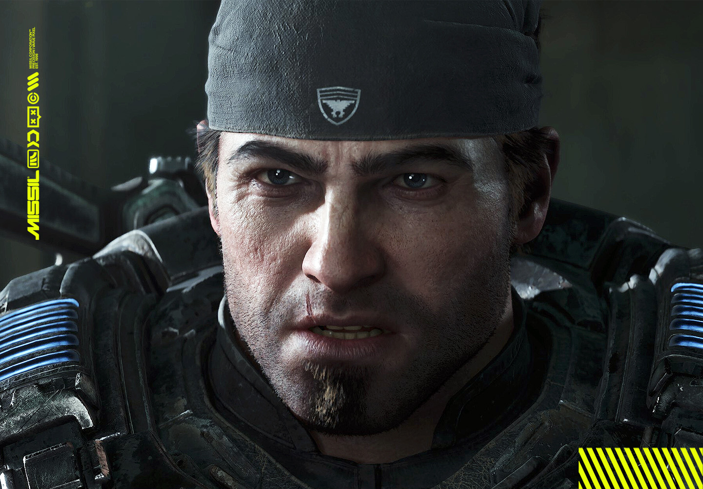 Närbild på en sliten, skäggstubbig manlig spelkaraktär med mörk bandana och pansar med blå lysande detaljer, som stirrar argt framåt. Scenen verkar komma från Gears of War.