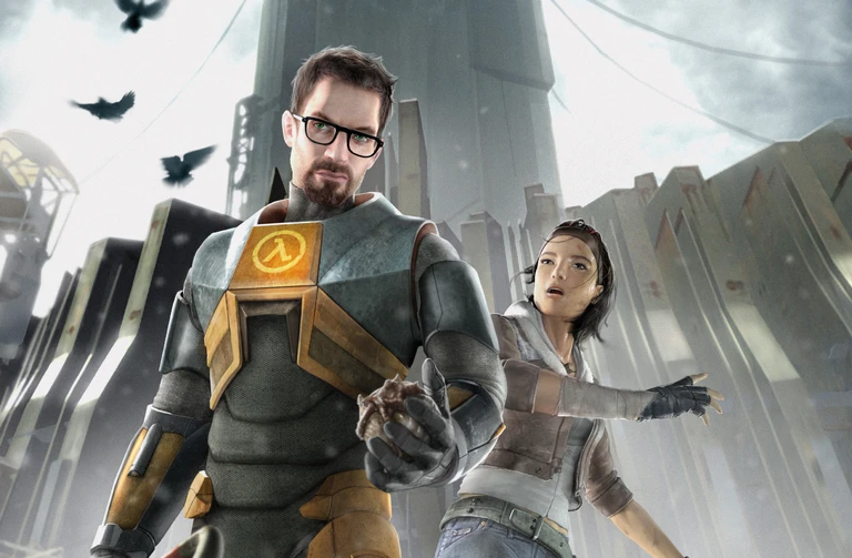 Gordon Freeman i skyddsdräkt med lambda-symbol och glasögon håller ett föremål i handen, medan Alyx Vance sträcker ut armen bakom honom framför ett dystert torn och kråkor.