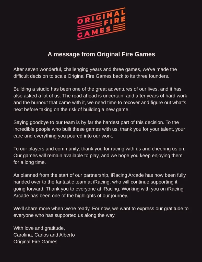 Original Fire Games meddelande på svart bakgrund: studion krymps till de tre grundarna efter sju år och tre spel, och iRacing Arcade lämnas över till iRacing.