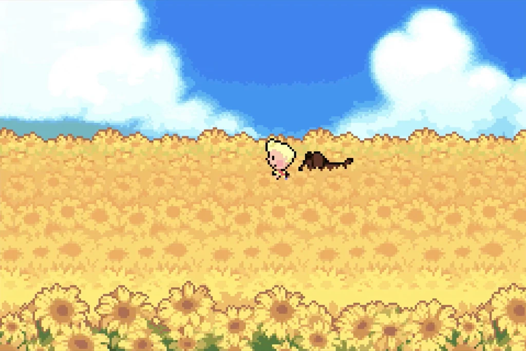 Mother 3 i pixelgrafik: en blond pojke och en brun hund går genom ett stort fält av solrosor under blå himmel med vita moln.