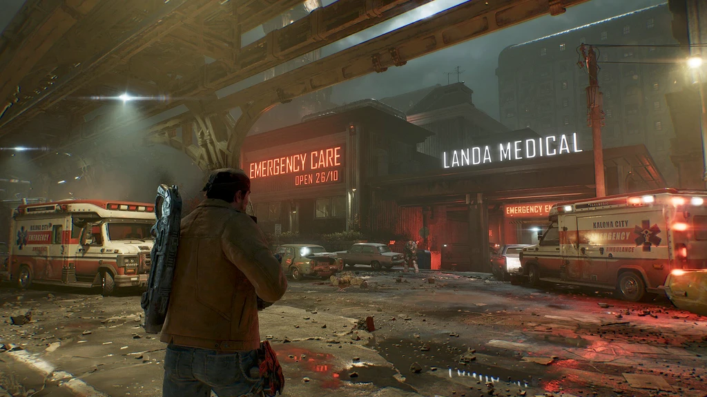 Gears of War: E-Day. En man i brun jacka med ett vapen på ryggen står på en förstörd gata under en viadukt, framför ambulanser och ett sjukhus med neonskyltarna Emergency Care och Landa Medical.
