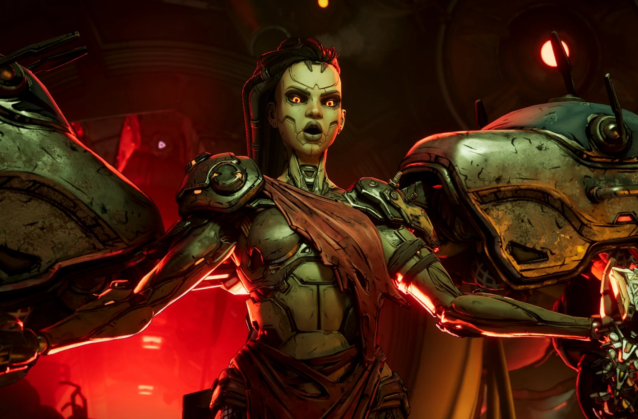 Spelscen från Borderlands 4: en kvinnlig cyborg med gröngrå hud och lysande orangea ögon ser upprörd ut, omgiven av rostiga maskiner i en rödglödande miljö.