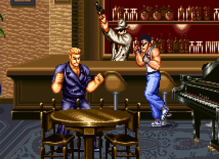 Pixelgrafik från ett beat 'em up-spel: en blond man i blå skjorta står med knutna nävar i en bar, medan en man i hatt och en annan i linne och jeans siktar med pistoler bakom baren.