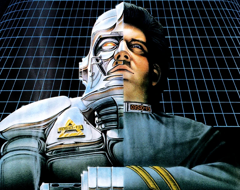 Retrofuturistisk illustration av ett ansikte som är delat på mitten: till vänster en kromad robot med glödande öga, till höger en man i uniform, framför ett blått rutnät.