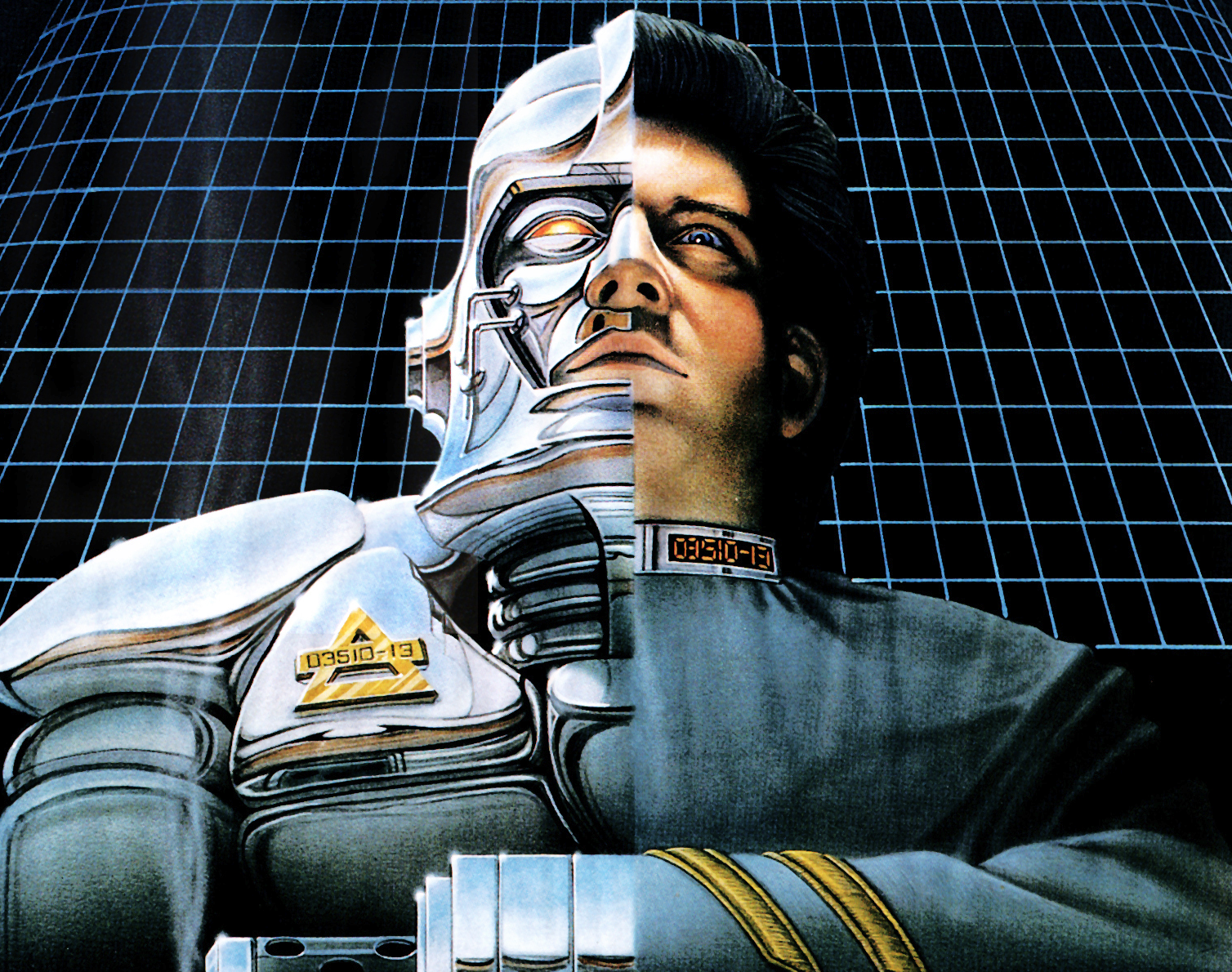 Retrofuturistisk illustration av ett ansikte som är delat på mitten: till vänster en kromad robot med glödande öga, till höger en man i uniform, framför ett blått rutnät.