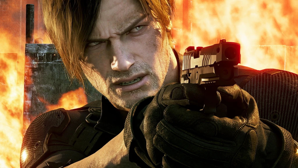 Närbild på en rynkad man med långt ljust hår som siktar med en pistol framför en vägg av lågor, i en scen från Resident Evil: Requiem.