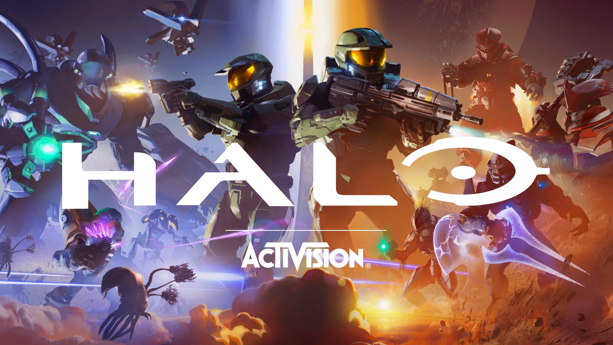 Två Spartan-soldater i rustning skjuter mot Covenant-fiender i en stridsfylld miljö, med Halo- och Activision-loggorna över bilden.