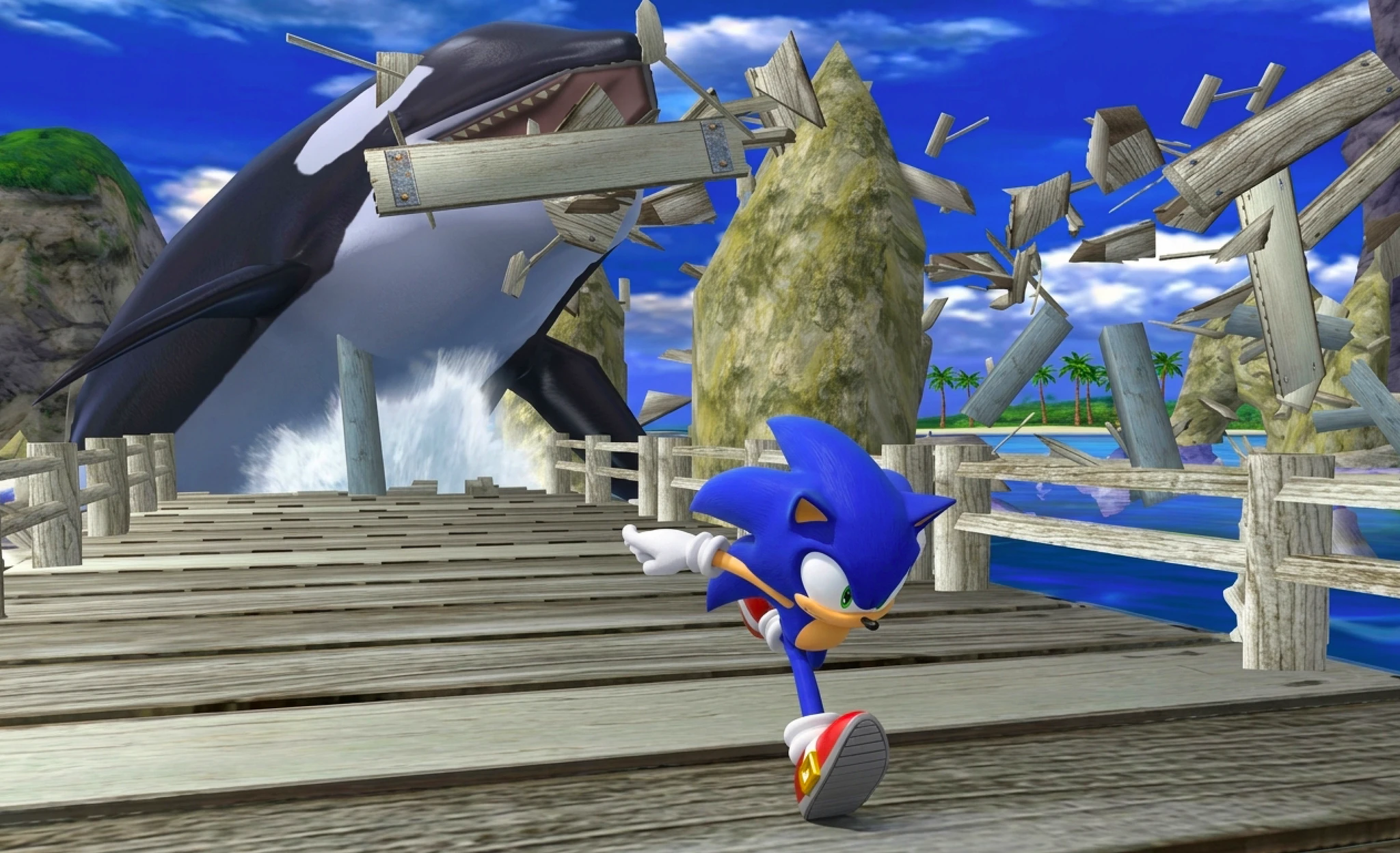 Sonic springer över en trasig träbrygga medan en jättelik späckhuggare slår sig upp ur vattnet bakom honom och splittrar träplankor i luften, i Sonic Adventure.