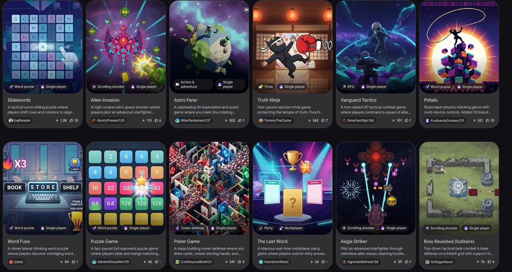 Galleri med tolv webbspel gjorda av användare, bland andra Slidewords, Alien Invasion, Astro Farer, Truth Ninja, Pitfalls, Puzzle Game, Poker Game och Aegis Striker.
