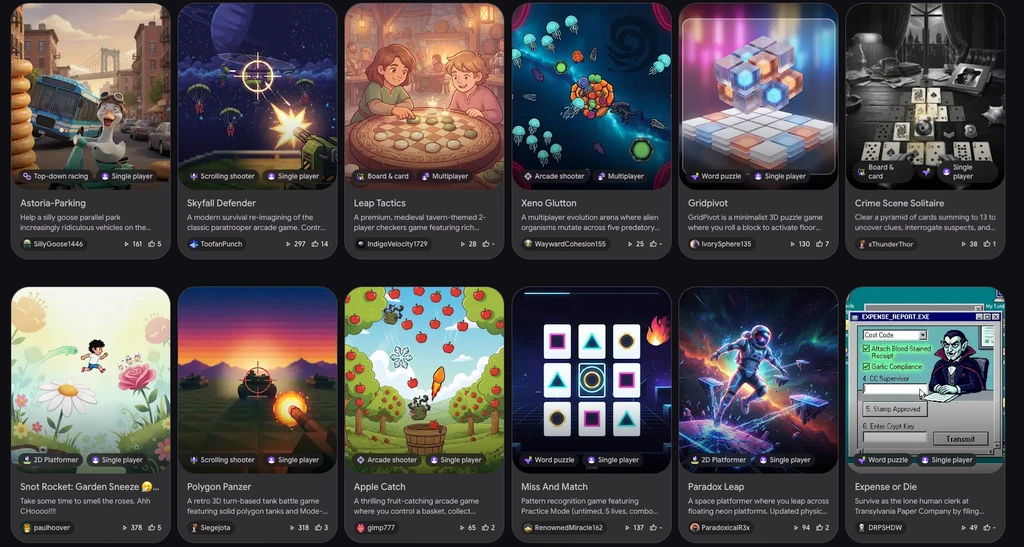 Galleri med tolv AI-skapade webbspel i Googles Playground, bland annat Astoria-Parking, Skyfall Defender, Gridpivot, Crime Scene Solitaire och Paradox Leap, var och en med miniatyrbild och genre.