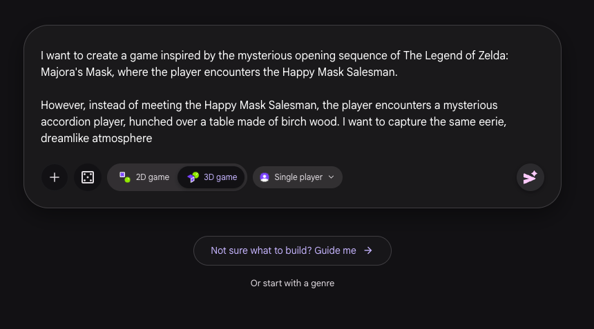 Gränssnitt för att skapa spel med AI: en textruta där någon beskriver ett 3D-spel inspirerat av The Legend of Zelda: Majora's Mask, med en mystisk dragspelare.