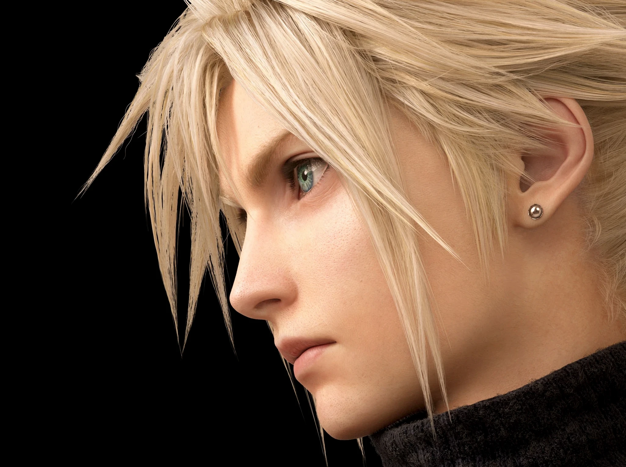 Närbild i profil på Cloud Strife från Final Fantasy VII, en renderad karaktär med spretigt blont hår, blågröna ögon, ett litet örhänge och mörk polotröja mot svart bakgrund.