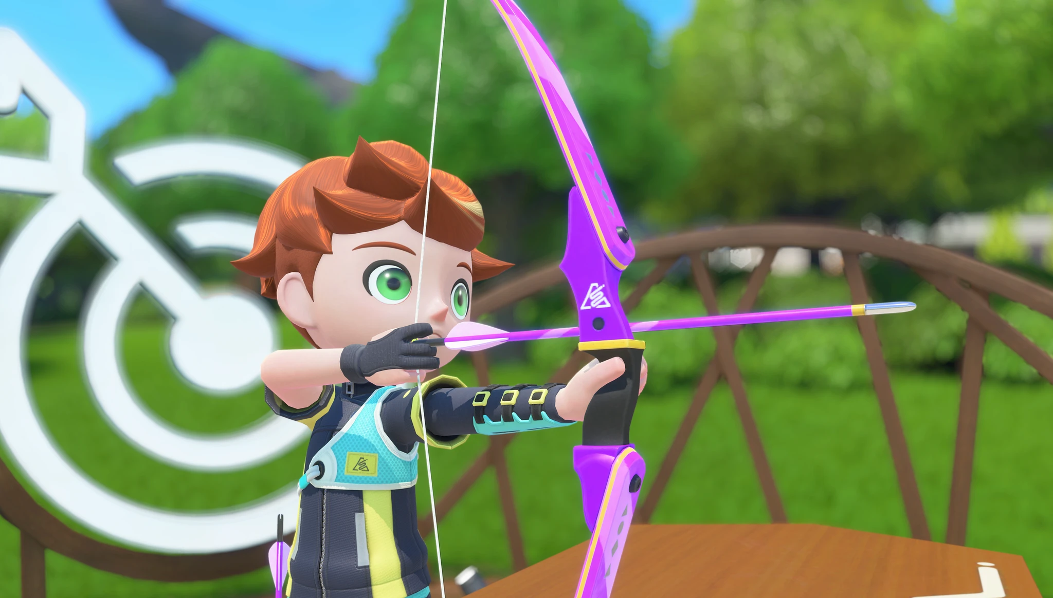 Nintendo Switch Sports Resort: en rödhårig Mii-karaktär med gröna ögon spänner en lila pilbåge och sikttar i en grön park, med en vit måltavlesymbol bakom sig.