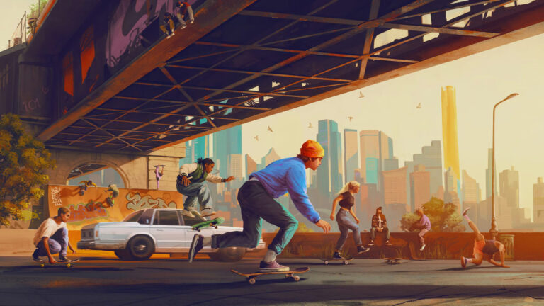 Illustrerad scen från Skate. med skateboardåkare som gör tricks under en rostig bro, med en stadssiluett i solnedgång i bakgrunden.