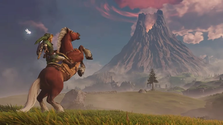 Link på en stegrande brun häst, Epona, blickar ut över ett dimmigt landskap mot en vulkan under ett rödfärgat moln, med en liten ljus fe i luften.