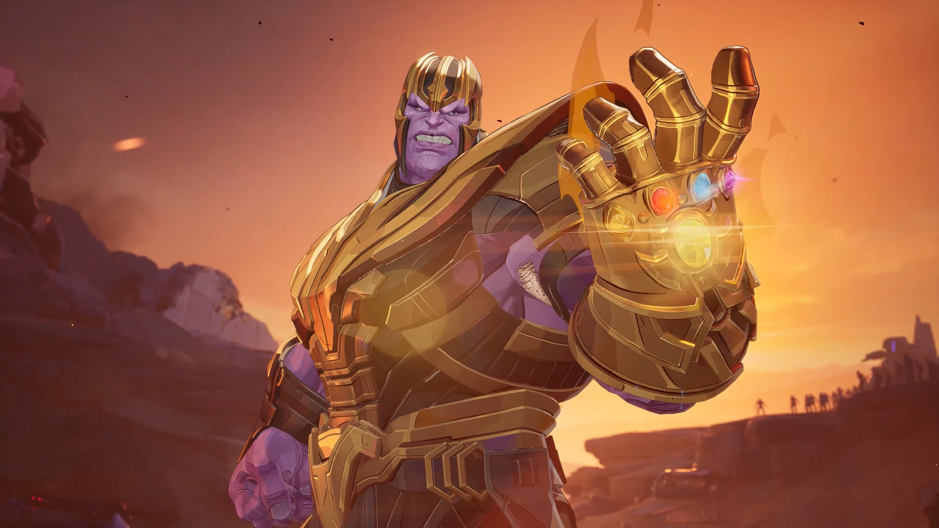 Thanos i gyllene rustning håller fram handsken med infinity-stenarna mot kameran framför en orange himmel och klippiga berg, i Marvel Rivals.