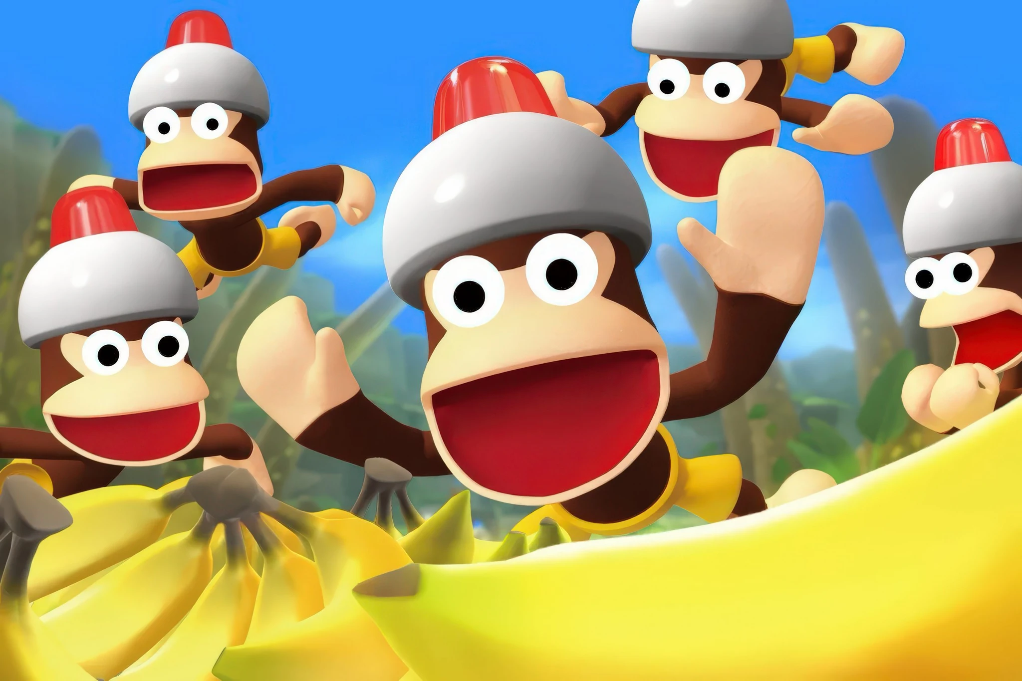 Fem skrikande apor med grå hjälmar och röda sirenlampor hoppar glatt över stora bananer i en solig djungel, i spelserien Ape Escape.