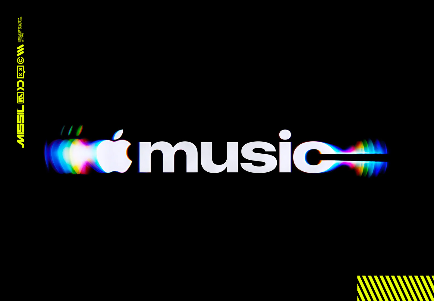 Apple Musics logotyp med äppelsymbol och ordet music i vitt mot svart bakgrund, med regnbågsfärgad rörelseoskärpa i kanterna.