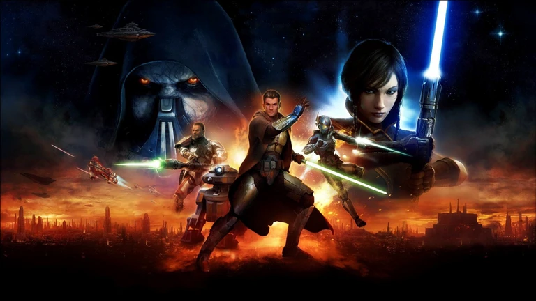 Konstbild från Star Wars: The Old Republic med jediriddare som svingar gröna och blå ljussablar framför en brinnande stad, bakom dem en mörk huvförsedd sith med glödande ögon.