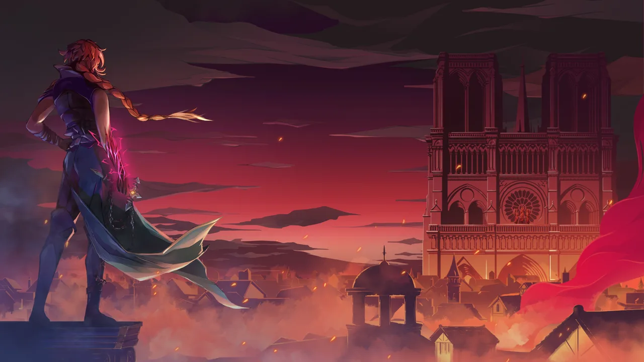Ung karaktär med lång flätad hårfläta står på ett hustak och blickar mot katedralen Notre-Dame under en blodröd himmel, med rök och gnistor över Paris tak.