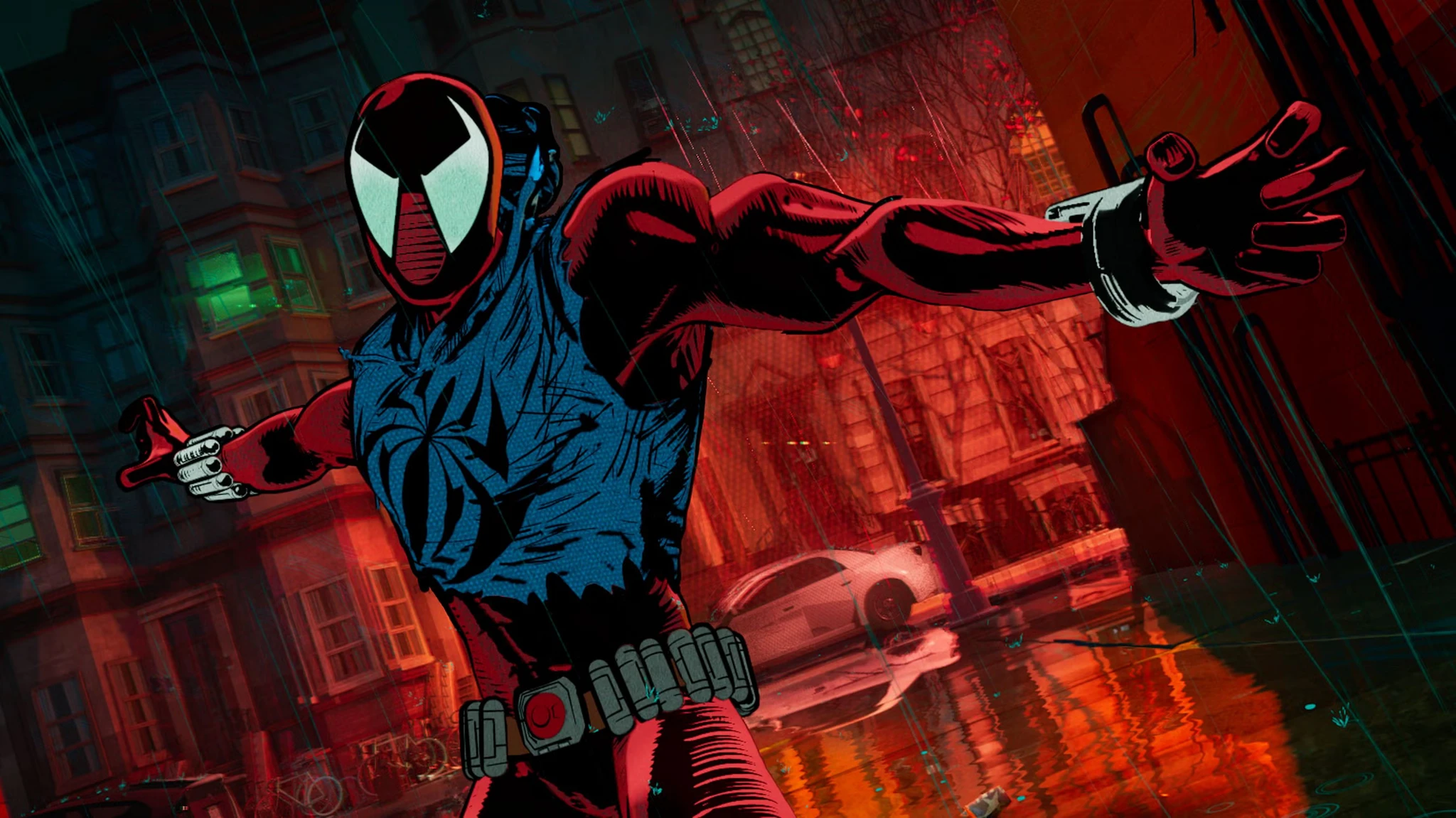Ben Reilly som Scarlet Spider i Spider-Man: Across the Spider-Verse, i röd och blå dräkt med utsträckta armar på en regnig gata i stiliserad serietidningsstil.