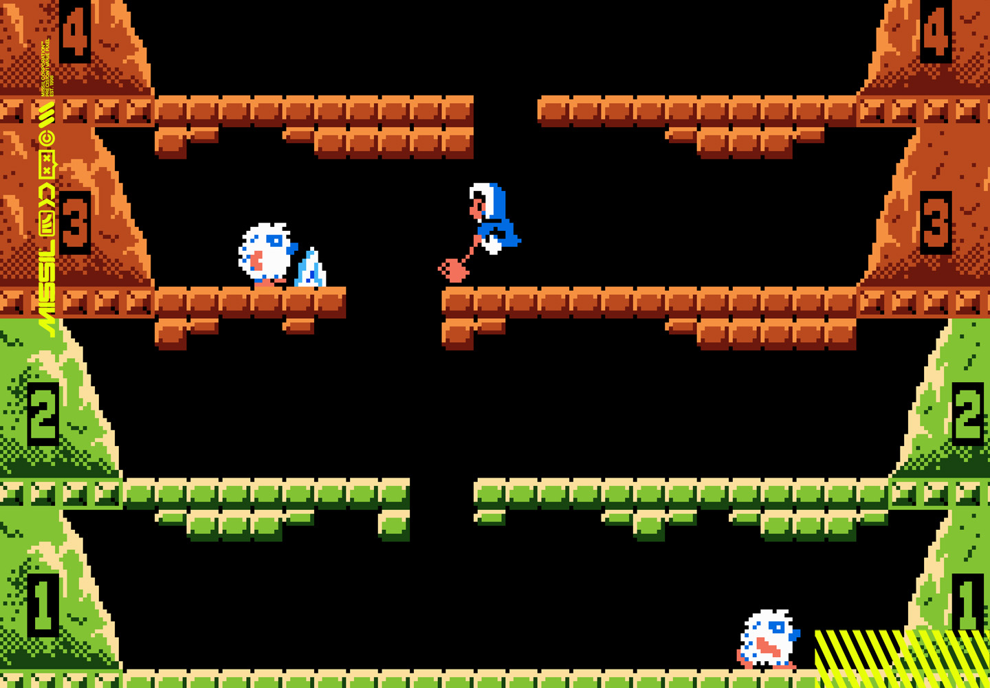 Spelaren i blå parkas hoppar med en hammare mellan isplattformar på berget i NES-spelet Ice Climber, medan vita Topi-sälar går på våningarna nedanför.
