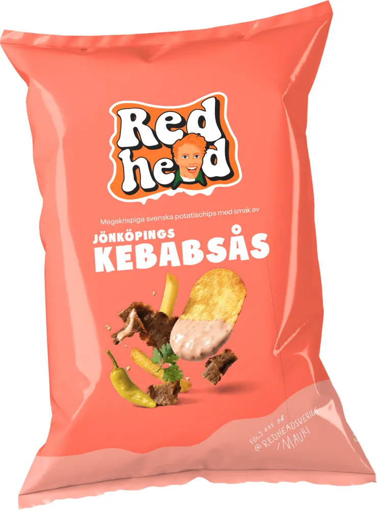 Laxrosa chipspåse från Redhead med smaken Jönköpings kebabsås, med en chipsbit doppad i sås, kebabkött, pommes frites och grön peppar på framsidan.