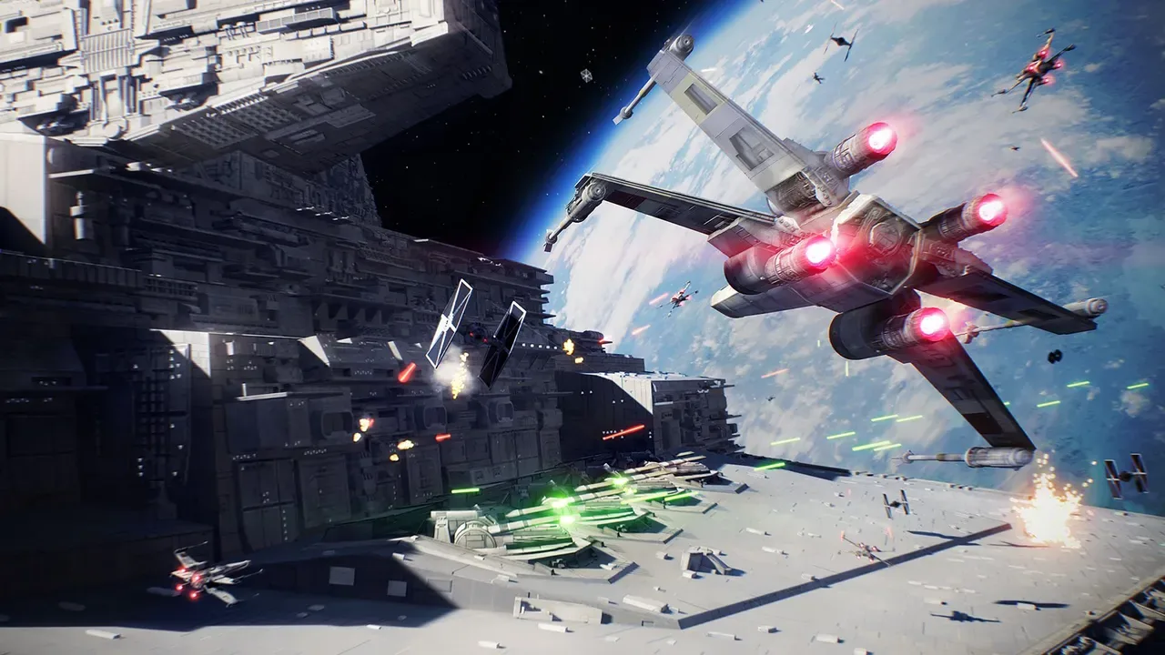 En X-wing flyger förbi ett gigantiskt rymdskepp i Star Wars Battlefront II medan TIE-jaktplan och laserskott fyller rymdstriden över en planet.