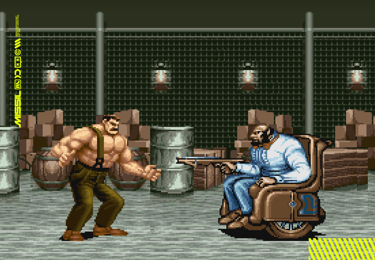 Pixlad actionscen från ett klassiskt arkadspel där en muskulös, bar överkropp-man i hängslen står i ett lager och möter en skallig man i rullstol som riktar ett gevär mot honom.