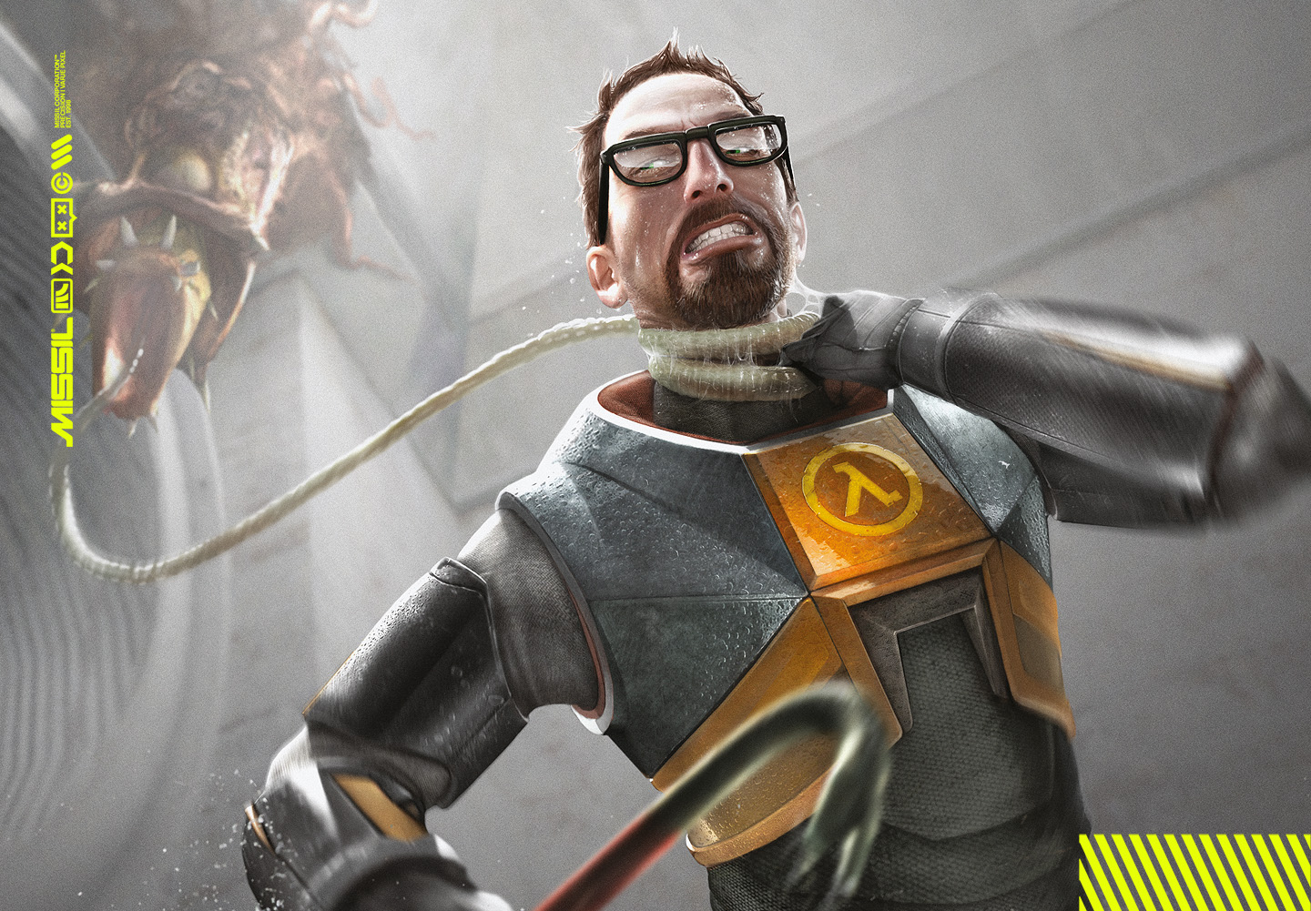 Gordon Freeman i orange och grå hazard-dräkt med kofot i handen kämpar för sitt liv när en stor varelse med lång tunga lindar den runt hans hals i en betongkorridor.