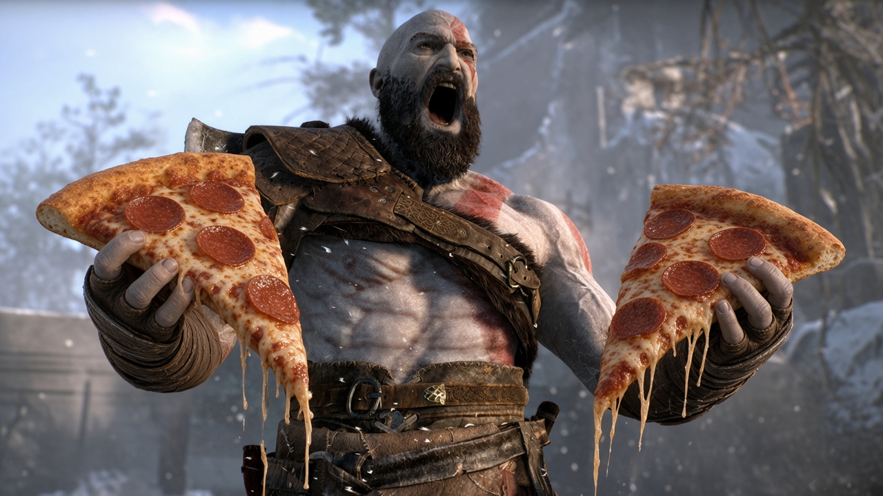 Kratos från God of War river ut ett vrål med en pepperonipizzaskiva i varje hand, så att osten dryper, mitt i ett snöigt landskap.