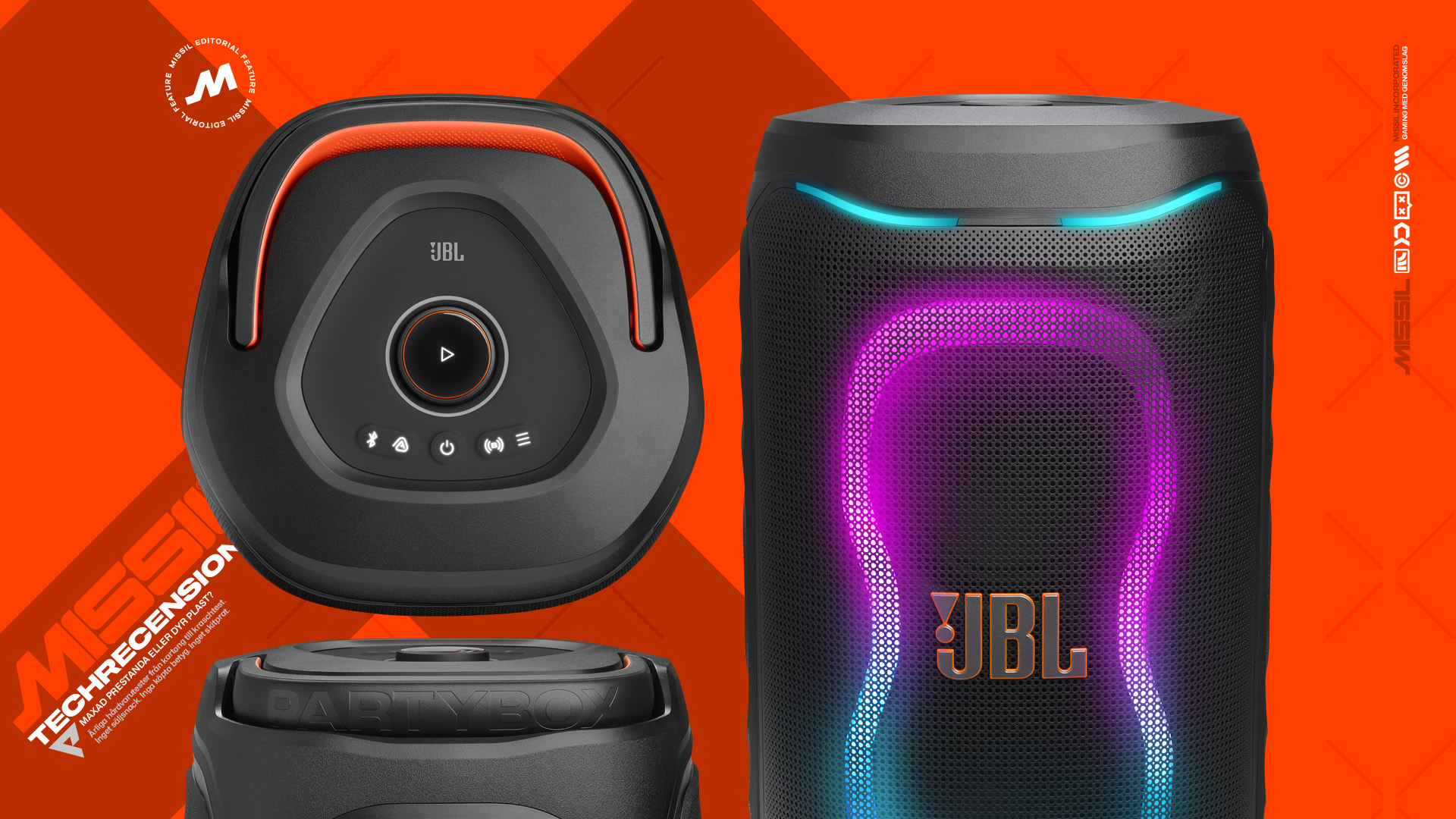 JBL Partybox 130 sedd ovanifrån med orange handtag och touchknappar, bredvid högtalarens framsida med lila och blå ljusshow mot orange bakgrund.