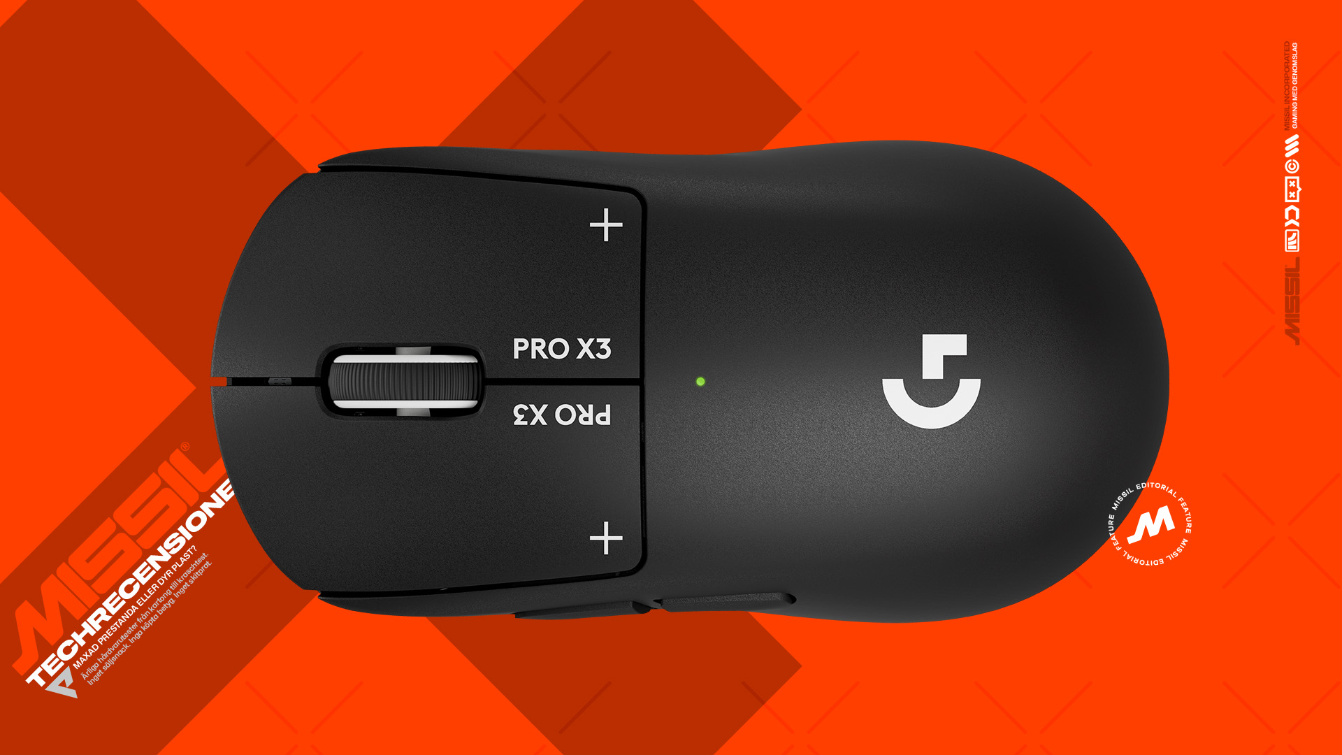 Svart trådlös gamingmus, Logitech G Pro X3, sedd rakt uppifrån mot en orange bakgrund med stora X-mönster och Missil-grafik.