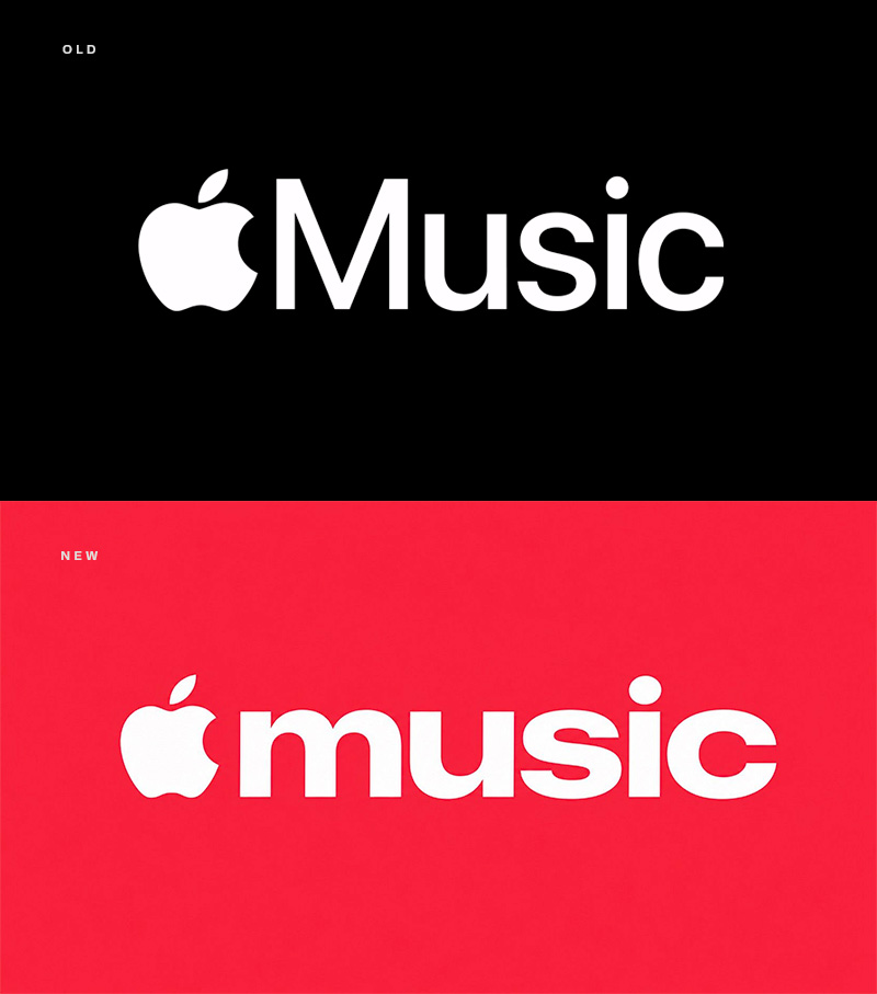 Apple Musics gamla logotyp i vitt på svart bakgrund ovanför den nya, där "music" skrivs med fetare gemener i vitt på röd bakgrund.