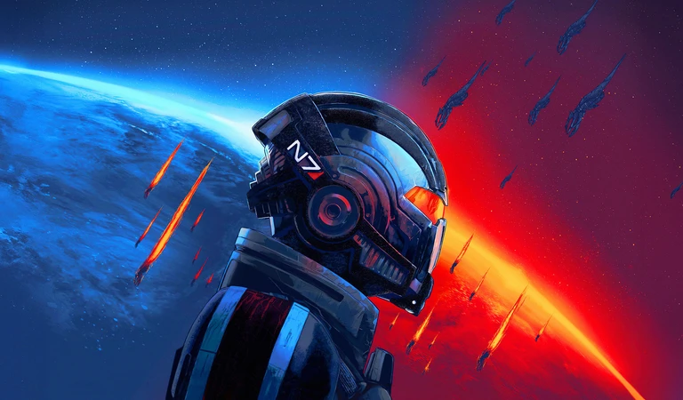 Konstbild från Mass Effect Legendary Edition: en rymddräkt med N7-hjälm i profil framför en blå planet till vänster och en röd himmel med nedfallande Reaper-skepp till höger.