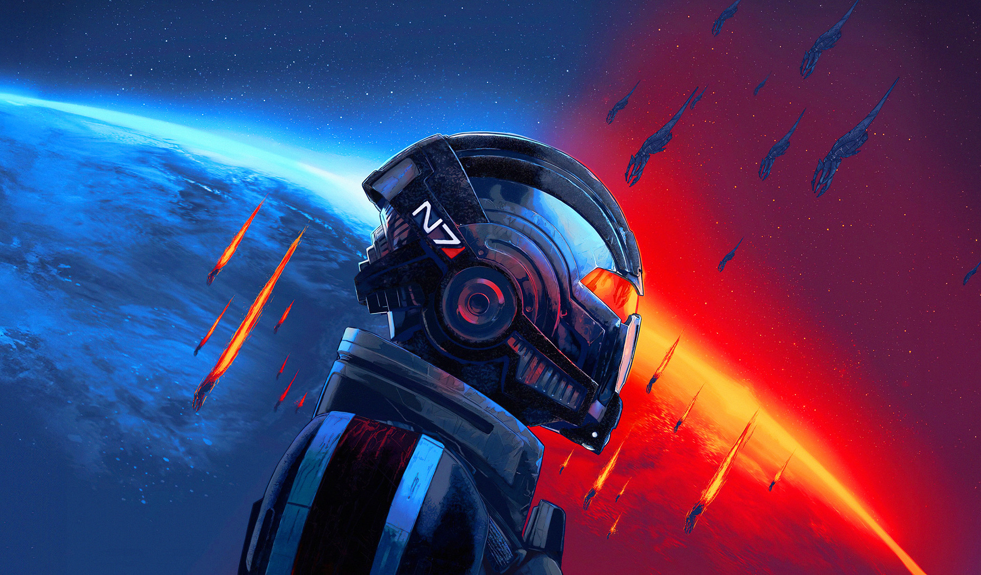 Konstbild från Mass Effect Legendary Edition: en rymddräkt med N7-hjälm i profil framför en blå planet till vänster och en röd himmel med nedfallande Reaper-skepp till höger.