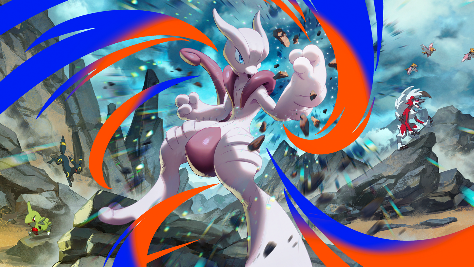 Mewtwo i kraftfull pose omgiven av blå och orangea energivirvlar och flygande stenar i ett steniga landskap, med Umbreon, Larvitar och Lycanroc i bakgrunden i Pokémon TCG Pocket.
