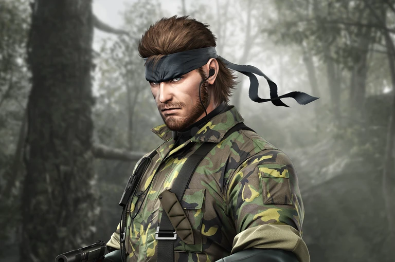 Snake i Metal Gear Solid med svart pannband, skäggstubb och kamouflagejacka håller en pistol i en dimmig djungel och ser stint åt sidan.