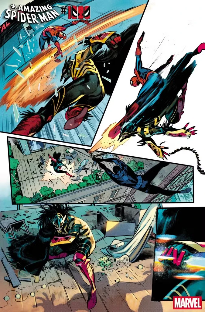 Serieruta ur The Amazing Spider-Man #1000: Spider-Man sparkar en svartgul, yvig skurk genom ett fönster, och de slåss sedan på en takterrass med kringflygande möbler.