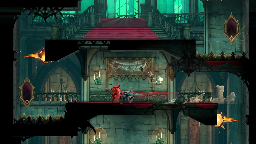 Sidoscrollande strid i Castlevania: Belmont's Curse. En rödklädd figur slåss mot en motståndare på en balkong i ett grönskimrande gotiskt slott med ljuskronor och trappor.
