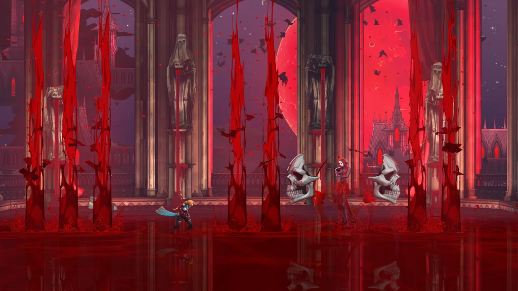 Spelet Castlevania: Belmont's Curse: en karaktär med ljus hårsvall och svärd möter en blodröd kvinnogestalt mellan två stora flygande skallar i en gotisk sal med blodpelare och röd måne.