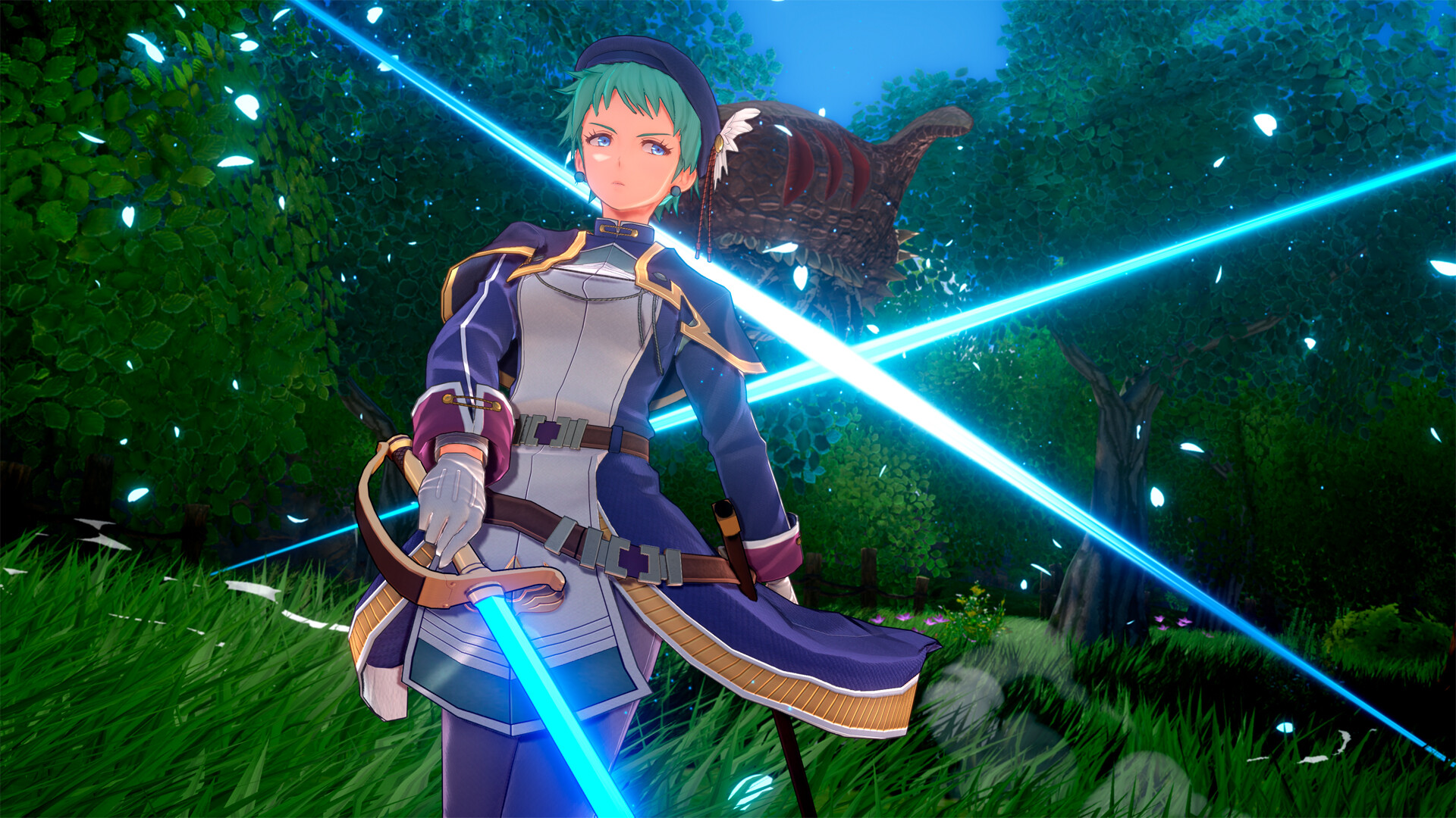 Trails in the Sky 2nd Chapter: en grönhårig karaktär i blå uniform och basker håller ett lysande blått svärd i en skogsglänta, med korsande ljusstrålar och fallande blad.
