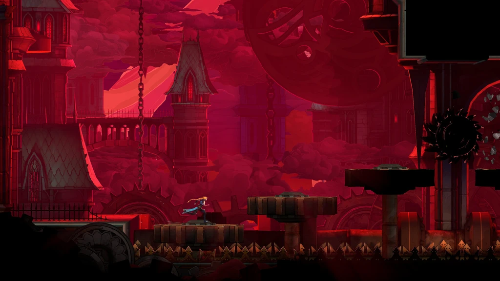 Från Castlevania: Belmont's Curse: en ljushårig karaktär springer över rörliga plattformar ovanför taggar i ett blodrött slott med kugghjul, en snurrande sågklinga och en kedja som hänger ner.