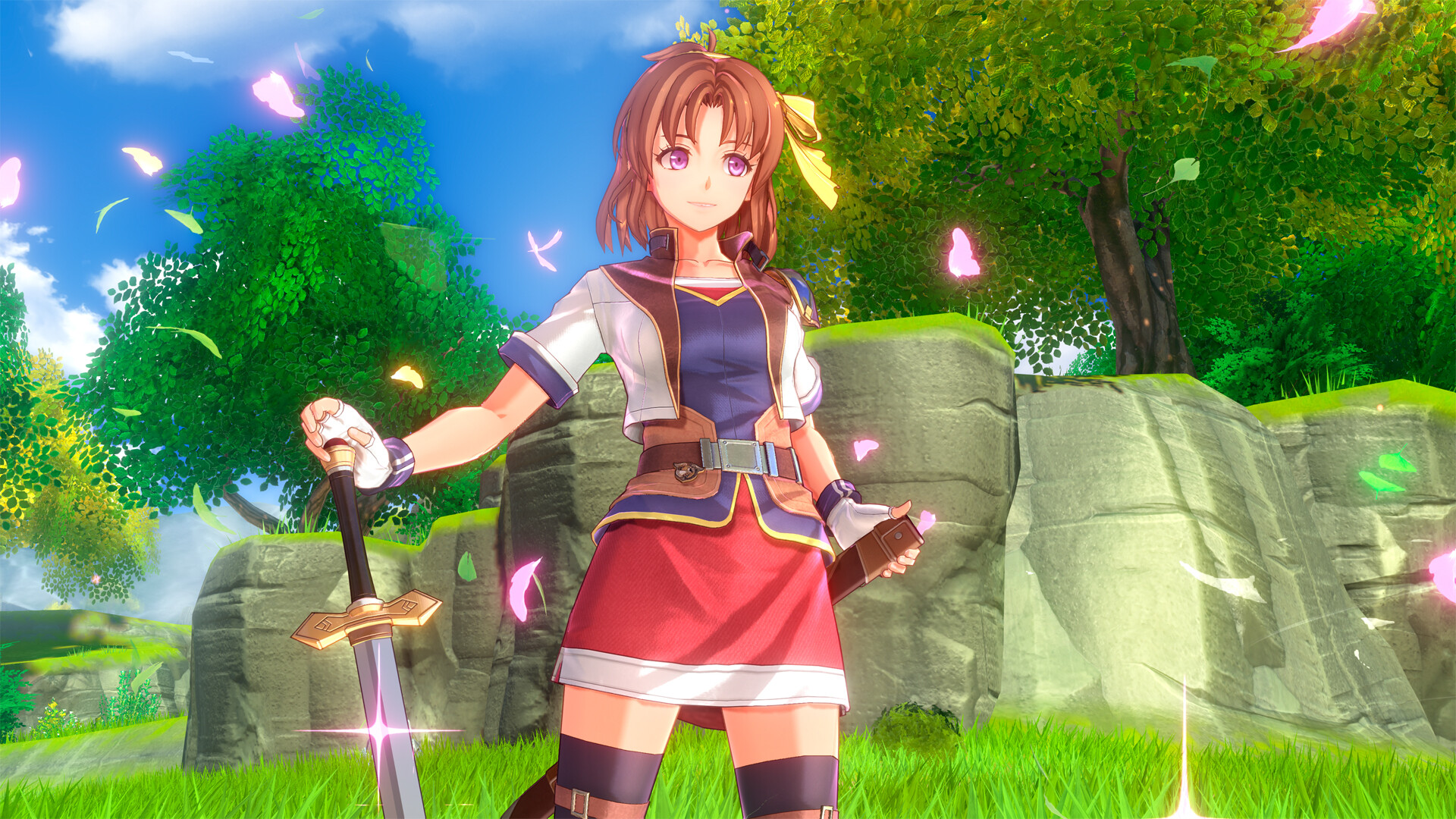 Anelace i Trails in the Sky 2nd Chapter står i en solig glänta med ett svärd i marken, omgiven av fallande blad och rosa kronblad.