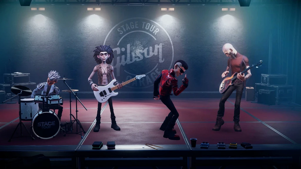 Stage Tour: ett animerat rockband spelar på en scen under strålkastare med Gibson-logotyp på väggen – trummis, gitarrist, en dansande sångare och en basist.