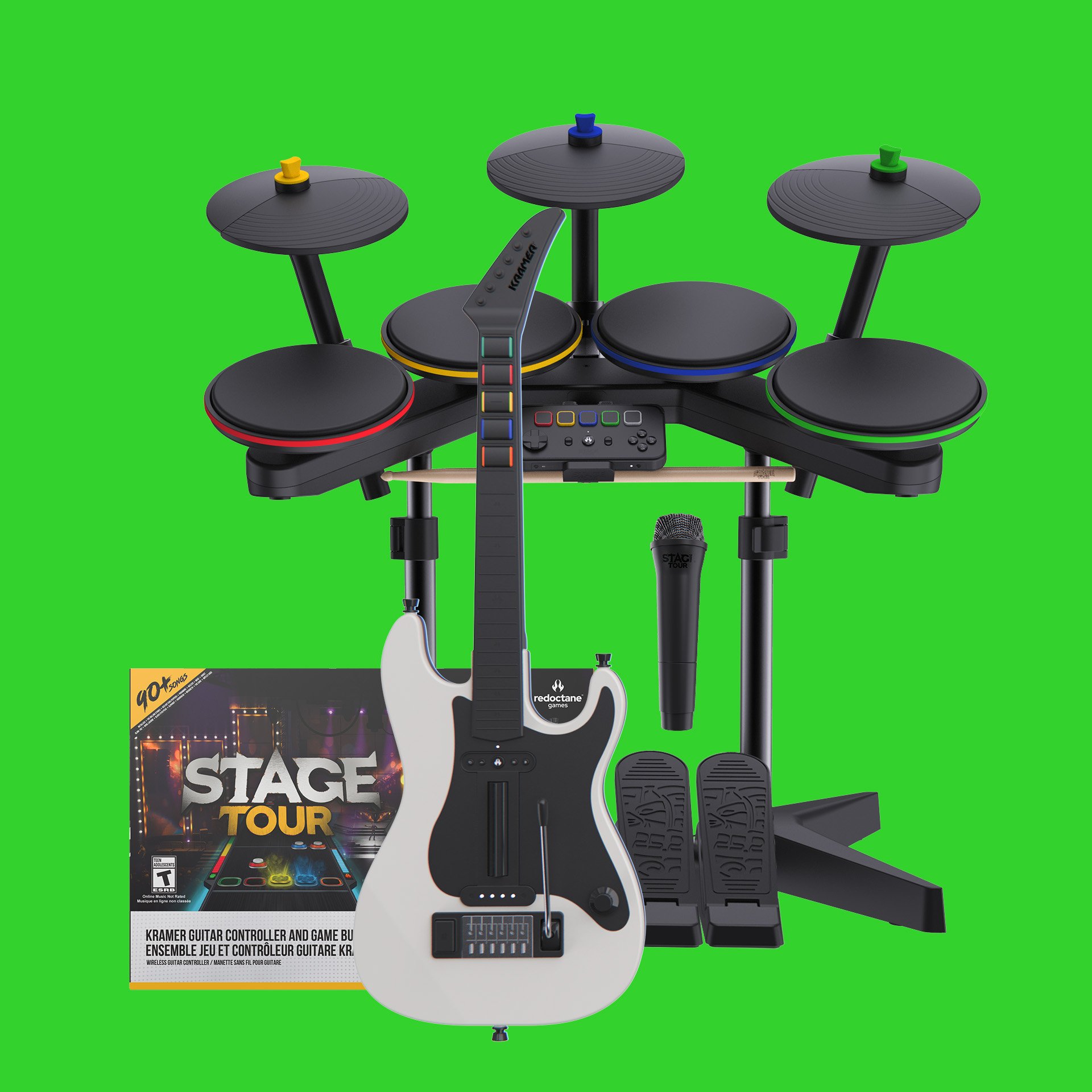 Stage Tour från Redoctane Games: trumset med färgade pads och cymbaler, vit Kramer-gitarrkontroll, mikrofon, dubbla pedaler och spelask mot grön bakgrund.