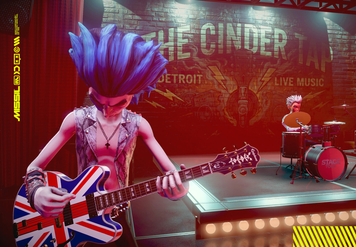 Tecknad gitarrist med blått piggigt hår spelar en gitarr med brittisk flaggmönster på en scen, medan en trummis syns bakom under skylten The Cinder Tap, Detroit.