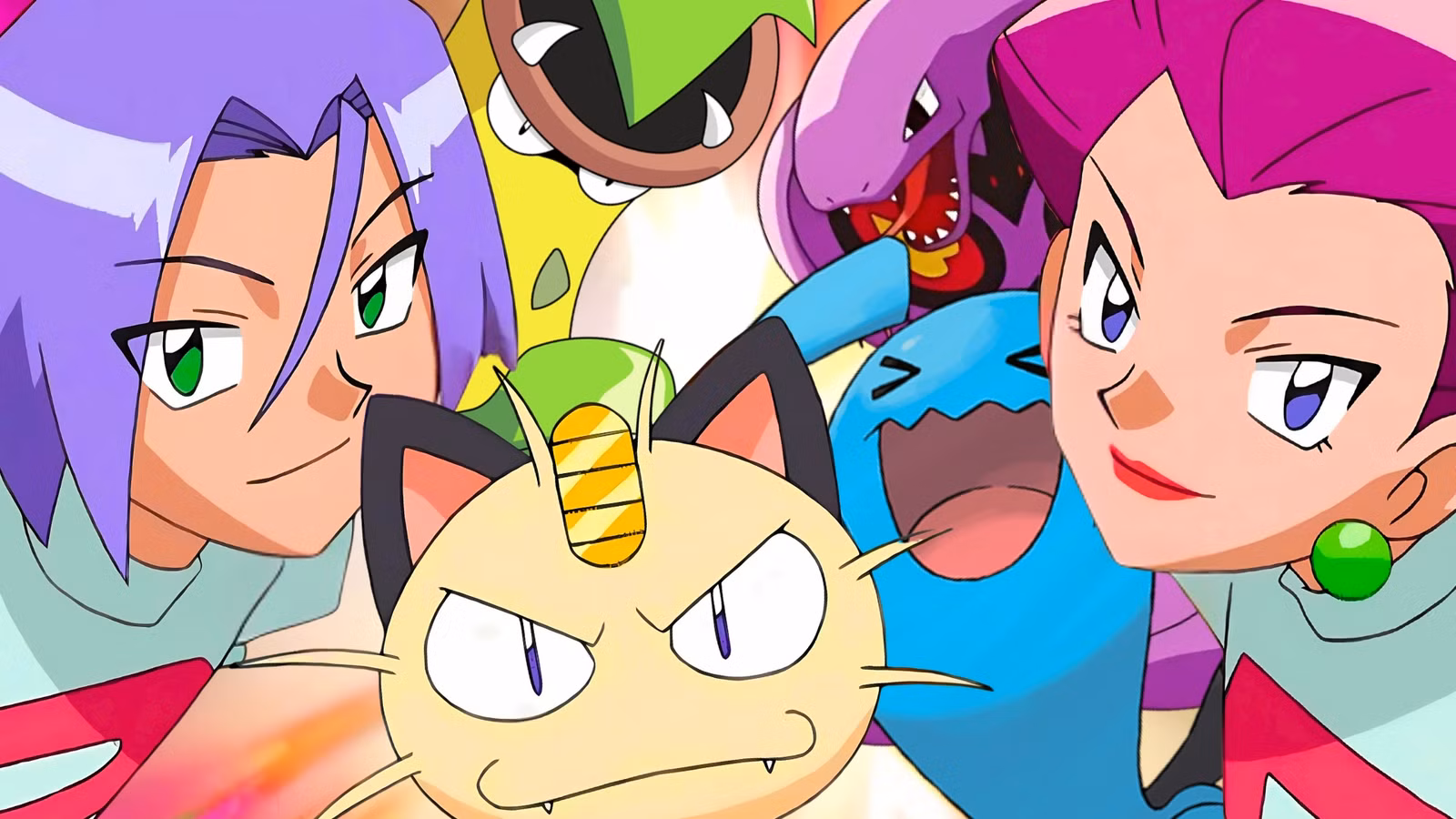 Team Rocket-duon James med lila hår och Jessie med rosa hår tillsammans med sina Pokémon Meowth, Wobbuffet, Arbok och Victreebel i animestil.