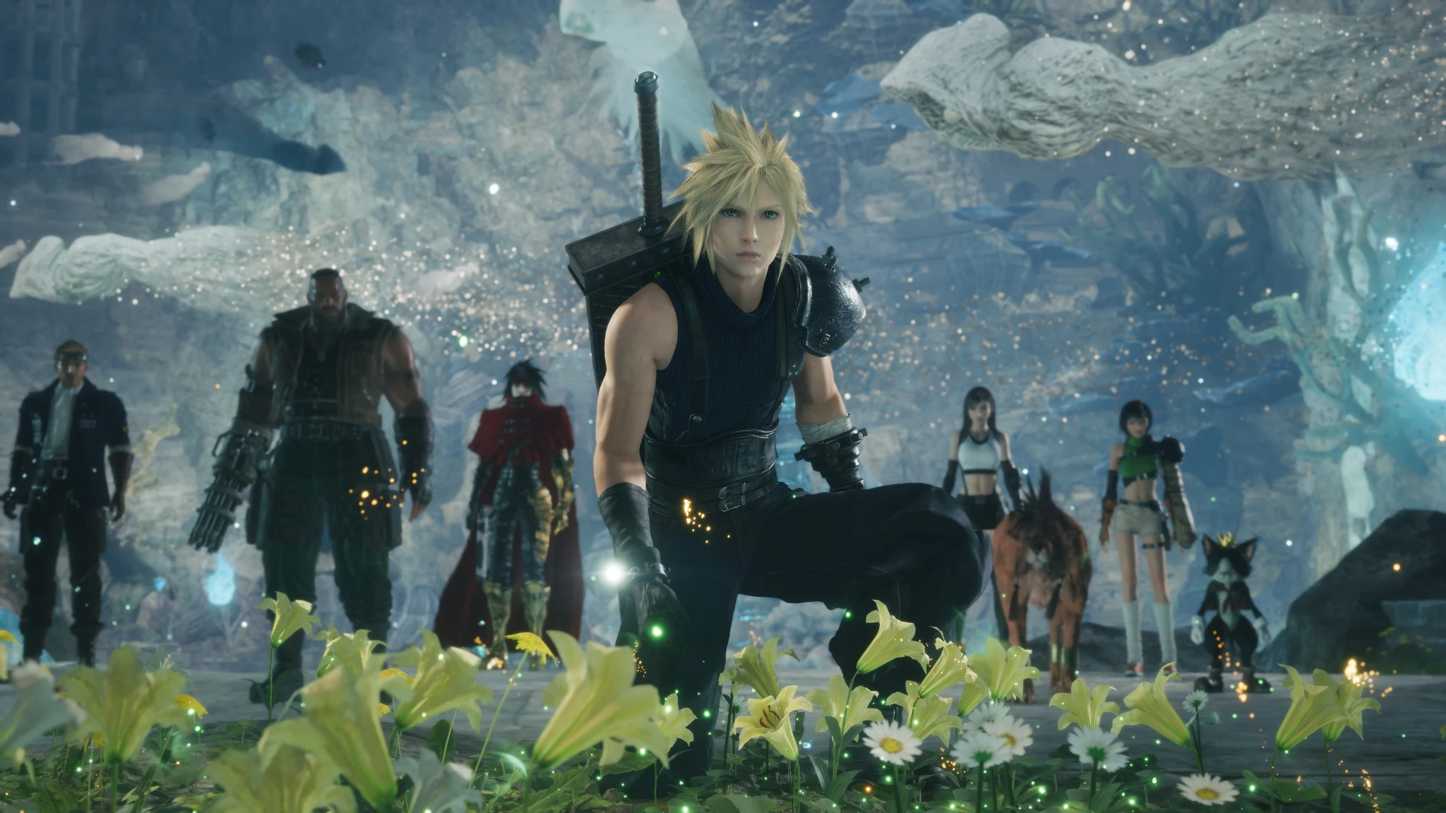 Cloud med uppdragen svärdsrygg knäar bland gula liljor i en glittrande grotta, bakom honom står Barret, Vincent, Tifa, Yuffie, Red XIII och Cait Sith i Final Fantasy VII.